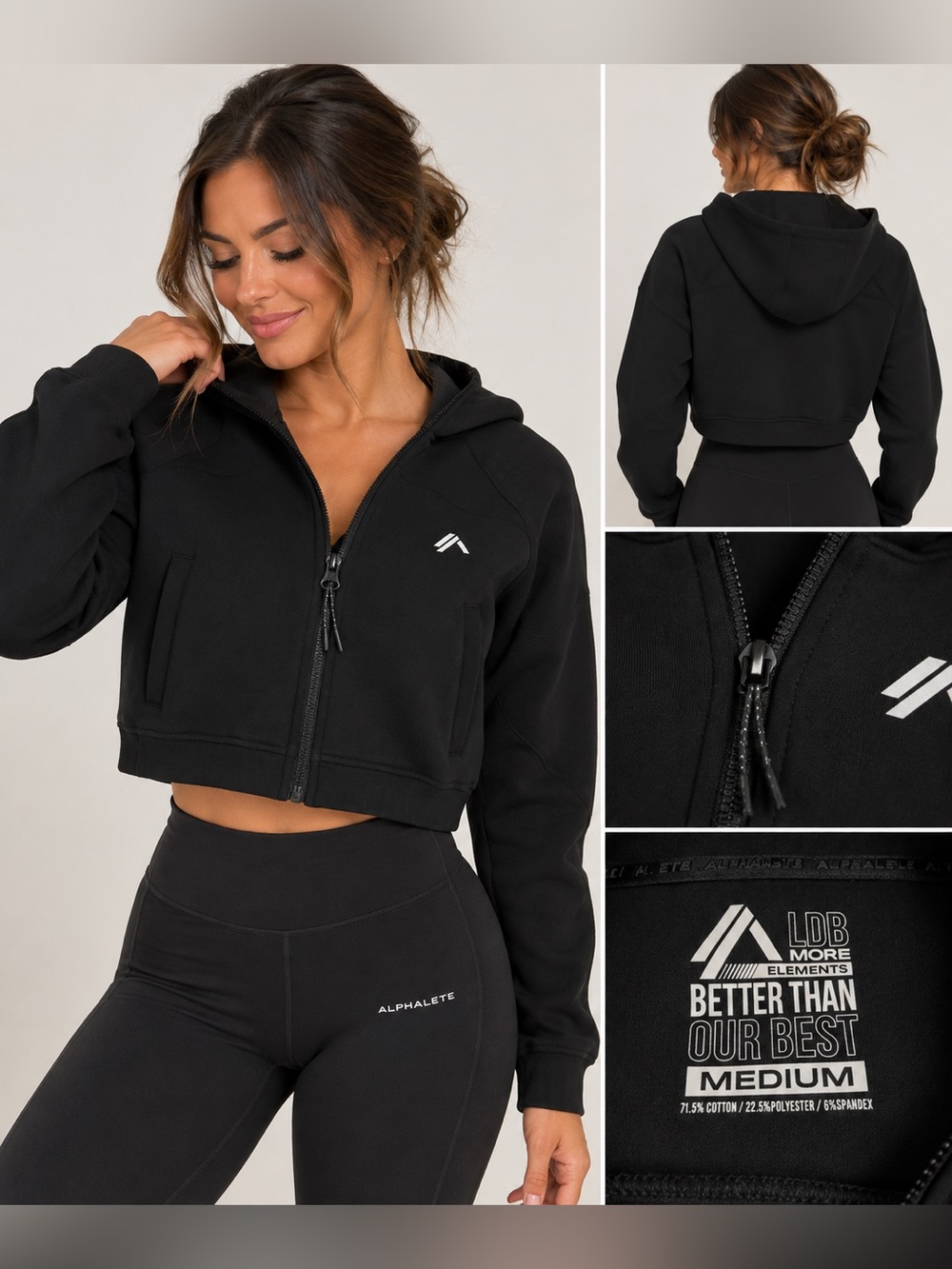 Alphalete LDB More Elements Cropped Zip Up Hoodie Jacket Black M